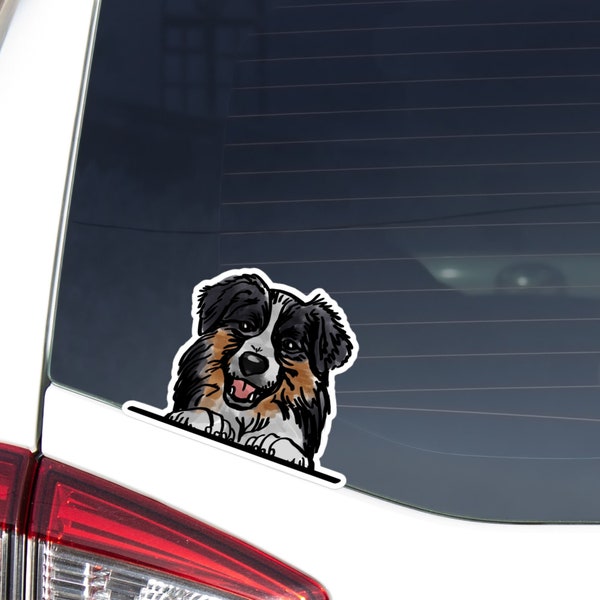 Peeking Australian Shepherd Car Sticker Decal / Black&Tricolor Aussie Dog Head / Vinyl Waterproof Removable Outdoor / Window Bumper Laptop