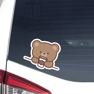 Brown Bear With Coffee Car Decal Sticker / Kawaii Peeking Cartoon Bear Head / Vinyl Waterproof Decal Bumper Window Laptop