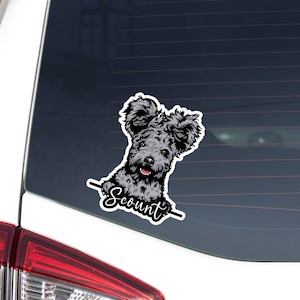 Pumi Car Decal / Peeking Cartoon Grey Pumi Dog Head Face / Vinyl Waterproof Bumper Window Sticker / Personalized Custom Pet Name