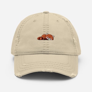 Red Panda Dad Hat / Embroidered Lazy Sleeping Red Panda Distressed Baseball Cap / Gift for Animals Lover,Owner,Mom,Dad / Mama Clothes Outfit