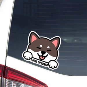 Black Shiba Inu On Board Car Decal Sticker / Peeking Dog In Car Waving Paw Vinyl Waterproof Car Decal / Bumper Window (Outdoor + Indoor)