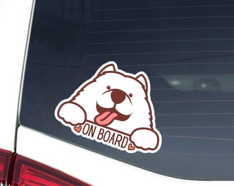 May include: White cartoon dog with a brown nose and tongue sticking out, peeking over a sign that says "ON BOARD" with two pink hearts on either side of the text.