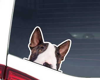 Peeking Bull Terrier Car Decal Sticker / White & Brown Brindle Bullterrier Dog / Vinyl Waterproof Removable / Bumber Window Laptop Bottle
