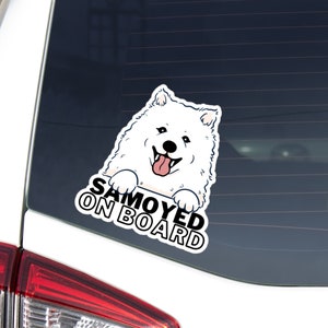 Cute Samoyed On Board Car Decal Sticker / Kawaii Peeking Cartoon Dog Paws Up Head Face / Vinyl Waterproof Removable Outdoor / Bumper Window