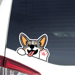 Blue Merle Corgi Car Decal Sticker / Peeking Corgi Dog Head Waving Paw / Vinyl Waterproof Removable Outdoor / Window Bumper Laptop Phone