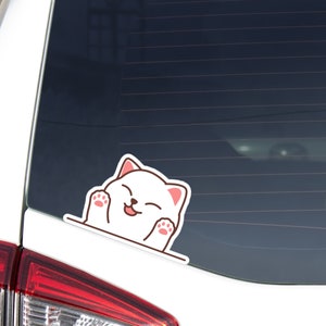 Funny White Cat Car Decal Sticker / Peeking Kawaii Cat Head Waving Paws Cartoon / Vinyl Waterproof Removable Outdoor / Bumper Window Laptop