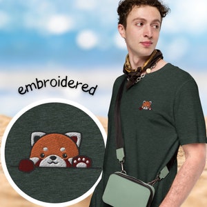 Red Panda Embroidered T-shirt / Kawaii Peeking Red Panda Paw Up Gift For Wild Animals Lovers / Women Men Youth Tee
