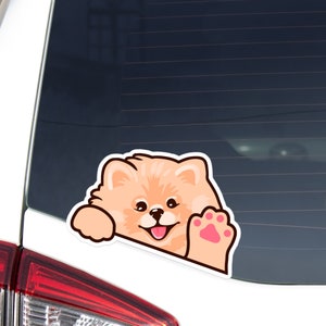 Custom Orange Pomeranian Spitz Car Decal / Peeking Kawaii Dog Waving Paw Sticker / Bumper Window Laptop Vinyl Waterproof Removable Sticker
