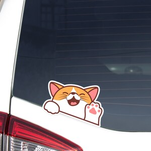 Orange Cat Car Decal Sticker / Smiling Cute Cat Waving Paw / Vinyl Waterproof Decal Car Bumper Window Laptop Water Bottle / Outdoor + Indoor