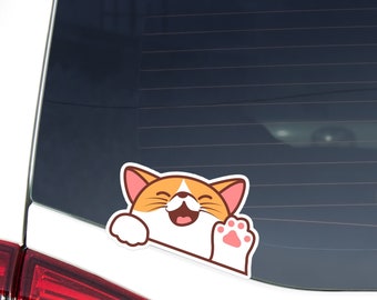 Orange Cat Car Decal Sticker / Smiling Cute Cat Waving Paw / Vinyl Waterproof Decal Car Bumper Window Laptop Water Bottle / Outdoor + Indoor