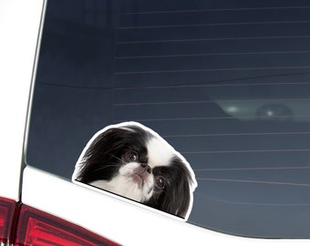 Peeking Japanese Chin Car Decal Sticker / Realistic Black White Dog Head / Vinyl Waterptroof Outdoor Removable / Bumper Window Laptop