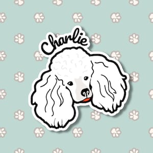 Personalized White Poodle Car Sticker Decal / Kawaii Dog Head Face Custom Name / Vinyl Waterproof Removable Outdoor / Window Bumper Laptop