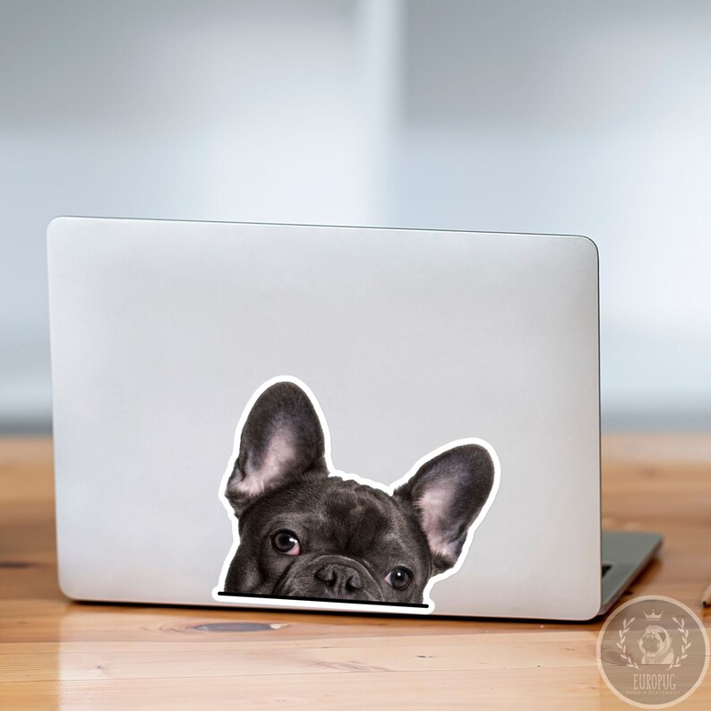 May include: A sticker of a black French Bulldog peeking over the edge of a laptop. The dog has large, upright ears and a curious expression. The sticker is applied to the top of a silver laptop, with a wooden table in the foreground.
