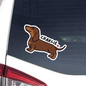Personalized Chocolate Tan Dachshund Car Sticker Decal / Kawaii Dog Custom Name / Vinyl Waterproof Removable Outdoor / Window Bumper Laptop