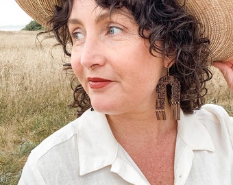 Arches and Fringe Floral earrings in Walnut wood with brass