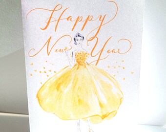 Biglietto di auguri di buon anno con abito da ballo e champagne / Biglietto di auguri di Capodanno / Biglietto di auguri / per lei｜per un amico｜per la famiglia