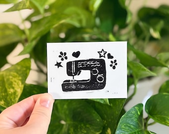 ACEO size Sewing Linocut Print | Sewing Art Print | 2.5”x3.5” Linocut Print | Whimsical Sewing Art