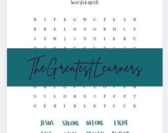 Pode incluir: Um quebra-cabeça de palavras imprimível em branco com o texto "Jesus Loves Me" e "The Greatest Learners". O quebra-cabeça inclui uma grade de pesquisa de palavras, uma lista de palavras para encontrar e uma borda de animais de desenho animado.