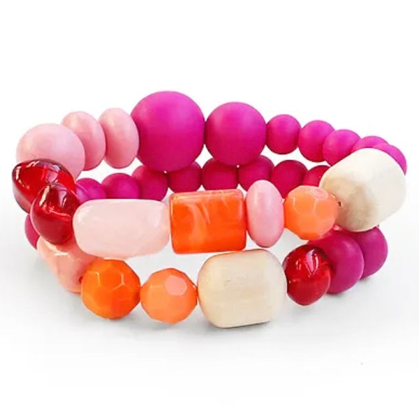 2 Row Pink & Orange Stone Wood Bracelets