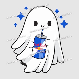 Könnte beinhalten: Ein Cartoon-Geist mit freundlichem Gesichtsausdruck, der eine Red Bull-Energydrink-Dose mit Strohhalm hält. Der Geist ist weiß mit schwarzen Augen und einem gebogenen Mund. Blaue Sternschnuppen umgeben den Geist.