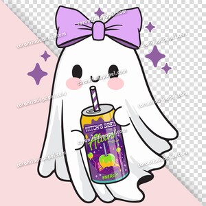 May include: A cartoon ghost with a purple bow and blush cheeks holds a can of "Witch's Brew" with a green apple design. The can has a purple and yellow color scheme and a straw. Purple stars are in the background.