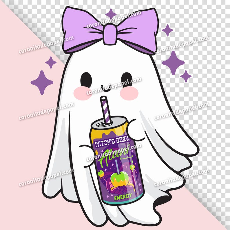 May include: A cartoon ghost with a purple bow and blush cheeks holds a can of "Witch's Brew" with a green apple design. The can has a purple and yellow color scheme and a straw. Purple stars are in the background.