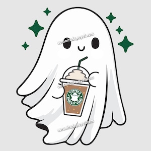 Cute Ghost with Coffee Frappe Clipart PNG, Kawaii Halloween Ghost PNG, Spooky Ghost with Drink, Clipart for Stickers, Sublimation, Scrapbook