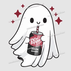 May include: A cartoon ghost holding a Dr. Pepper Zero Sugar can with a red and white striped straw. The ghost is white with black eyes and a smile, surrounded by four red starbursts. The can is black and red with the Dr. Pepper logo.