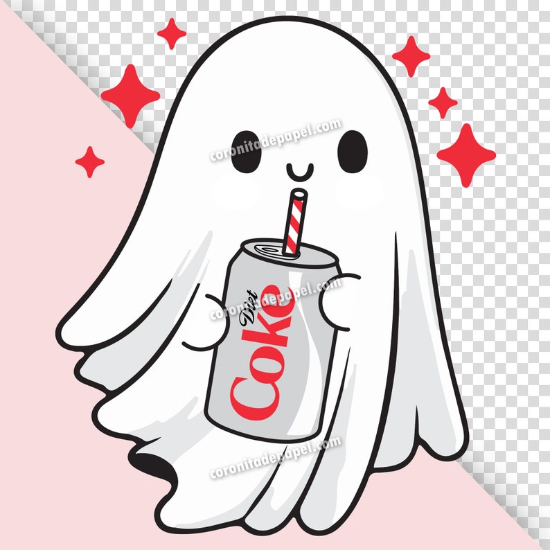 May include: A cartoon ghost illustration holding a Diet Coke can with a red and white striped straw. The ghost is white with black eyes and a smile, surrounded by red starbursts. The text "coronitadepapel.com" is present.