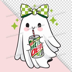May include: A cartoon ghost illustration with a green and white checkered bow, holding a Diet Mountain Dew can with a red and white striped straw. The ghost has rosy cheeks and is surrounded by green star shapes.