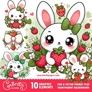 Häschen und Erdbeeren Clipart | Kawaii-Clipart | Geschenkanhänger | Hase PNG | Sofortdownload | Erdbeerhase SVG
