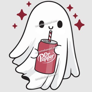 Kawaii Ghost with Regular Pepper Clipart PNG – Funny Halloween Digital Art, Soda Lover Ghost, Cute Beverage Ghost Illustration, Sticker PNG