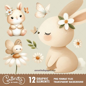 Aquarell-Clipart mit Hase und Schmetterling | Süße Cliparts | Geschenkanhänger | Hase PNG | Sofortdownload | Kindergarten Hase Kaninchen SVG