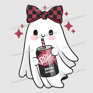 May include: A cute cartoon ghost with a red and black checkered bow, holding a Dr. Pepper Zero Sugar can with a red and white striped straw. The ghost has rosy cheeks and is surrounded by red star shapes.