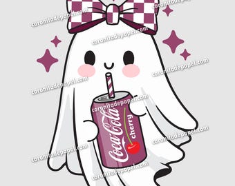Retro Ghost with Cherry Soda Can, Cute Ghost with Bow PNG, Kawaii Halloween Clipart, Funny Spooky Season Ghost Digital, Preppy Halloween Art