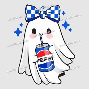 May include: A cartoon ghost with a blue and white checkered bow, holding a Pepsi can with a straw. The ghost has rosy cheeks and is surrounded by blue star-shaped sparkles. The Pepsi can features the brand's logo in red, white, and blue.