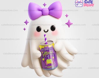 Kawaii 3D Ghost with Witch’s Brew Soda Can – Cute Halloween Clipart PNG, Purple Ghost for Sublimation, Spooky Energy Drink Ghost Art