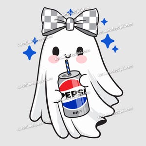 Kawaii Ghost with Bow and Silver Diet Soda Can – Halloween Clipart PNG for Sublimation, Sugar-Free Cola Ghost Art for Crafts, Stickers