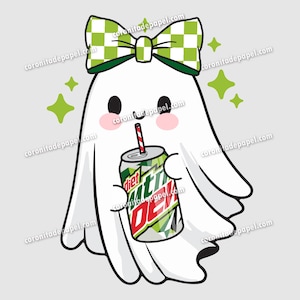 Op de afbeelding: Een cartoongeest met een groen-witte geruite strik en roze wangen houdt een Diet Mountain Dew-blikje vast met een rood-wit gestreept rietje. Groene stervormen staan op de achtergrond.