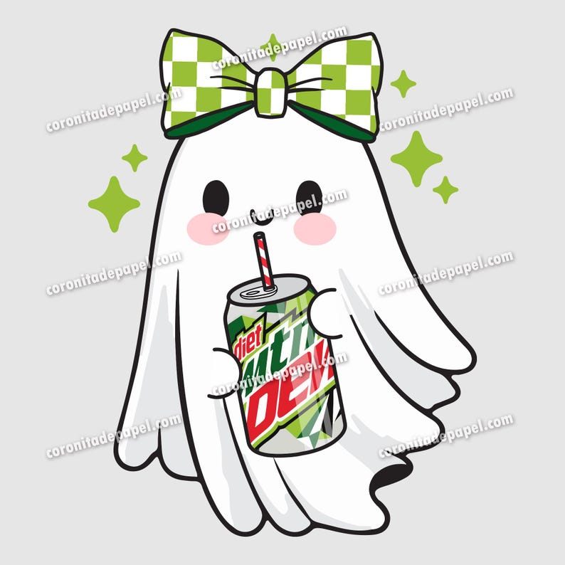 May include: A cartoon ghost with a green and white checkered bow and pink cheeks is holding a Diet Mountain Dew can with a red and white striped straw. Green star shapes are in the background.