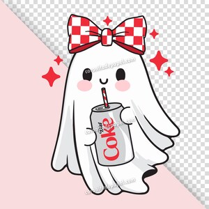 May include: A cute cartoon ghost illustration with a red and white checkered bow, holding a Diet Coke can with a red and white striped straw. The ghost has rosy cheeks and is surrounded by red star accents.
