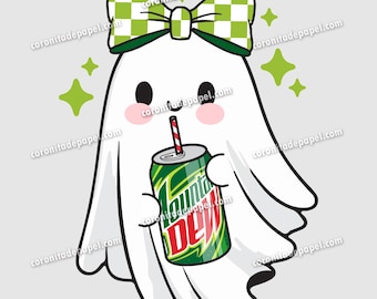Kawaii Ghost with Bow and Regular Mountain Soda – Cute Halloween Clipart PNG, Girly Spooky Ghost for Sublimation, Crafts, Digital Downloads