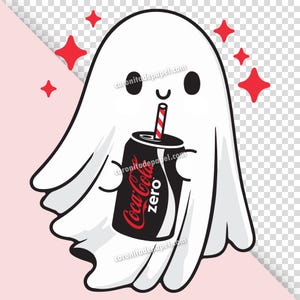 Puede incluir: Ilustraci&oacute;n de un fantasma de dibujos animados sosteniendo una lata de Coca-Cola Zero con una pajita a rayas rojas y blancas. El fantasma es blanco con ojos negros y una sonrisa. Estallidos de estrellas rojas rodean al fantasma. El texto "coronitadepapel.com" est&aacute; en la imagen.