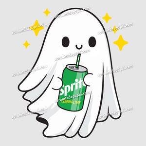 May include: A cartoon ghost with a friendly expression holding a green Sprite can with a straw. The ghost is white with black eyes and a smiling mouth. Yellow star shapes are in the background.