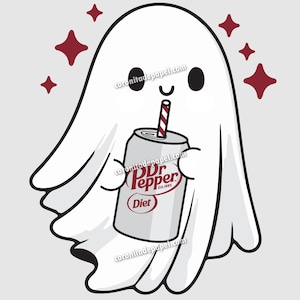 Kawaii Ghost with Diet Pepper Clipart PNG – Funny Halloween Digital Art, Soda Lover Ghost, Cute Beverage Ghost Illustration, Sticker PNG