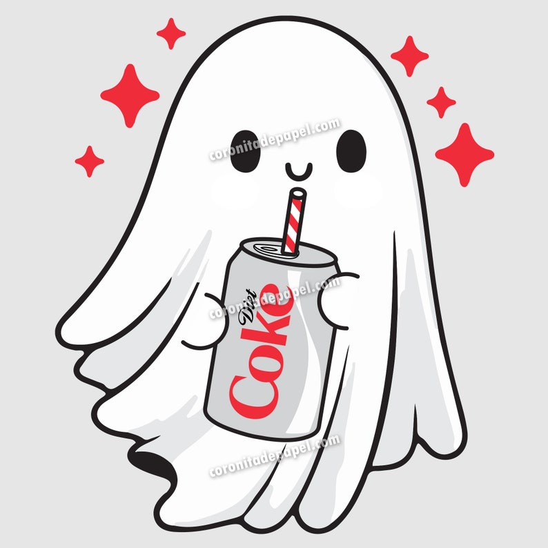 May include: A cartoon ghost illustration holding a Diet Coke can with a red and white striped straw. The ghost is white with black eyes and a smiling mouth. Red starbursts surround the ghost. The text "coronitadepapel.com" is on the image.
