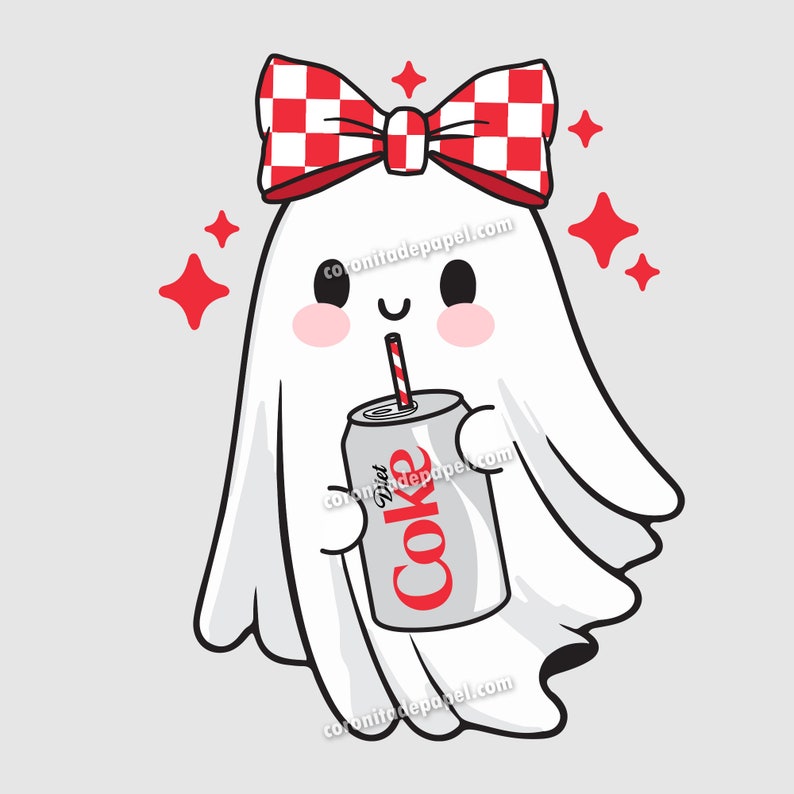 May include: A cartoon ghost with a red and white checkered bow, holding a Diet Coke can with a red and white striped straw. The ghost has pink cheeks and is surrounded by red star shapes. The text "coronitadepapel.com" is visible.