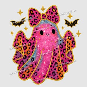 Cute Glitter Ghost PNG with Bow, Leopard Print Halloween Clipart, Sparkly Pink Ghost Digital Download, Colorful Spooky Season Art