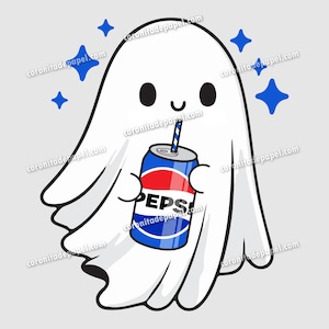 May include: A cartoon ghost with a friendly expression, holding a Pepsi can with a straw. The can is blue, red, and white, with the Pepsi logo. Blue starbursts surround the ghost against a light gray background.
