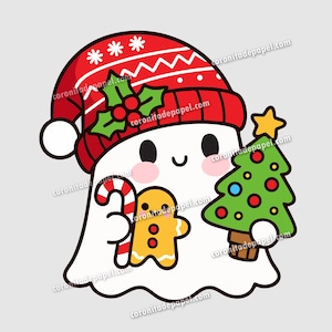 Puede incluir: Un simpático fantasma de dibujos animados con un gorro navideño rojo, sosteniendo un bastón de caramelo, un hombre de jengibre y un árbol de Navidad. El fantasma tiene mejillas rosadas y una cara sonriente. Incluye el texto "coronitadepapel.com".
